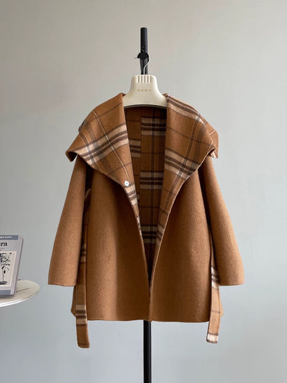 Wutong Street Retro Plaid Cape Lapel Double-sided Wool Velvet Coat Woolen Coat Women's New High-end K700