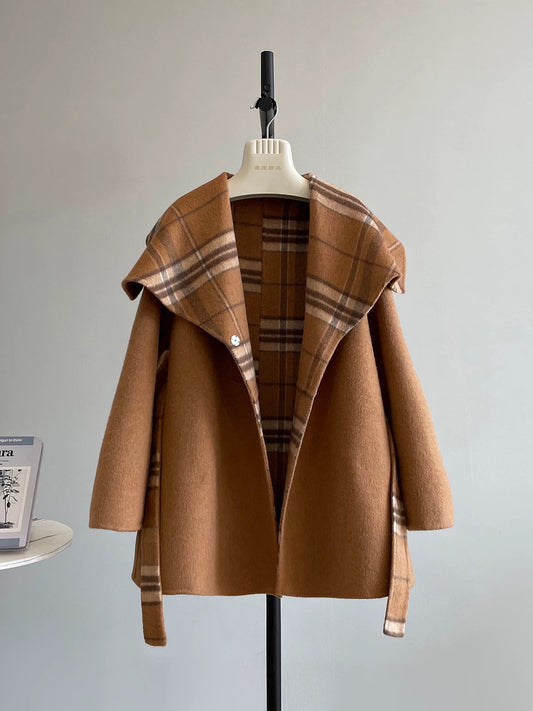Wutong Street Retro Plaid Cape Lapel Double-sided Wool Velvet Coat Woolen Coat Women's New High-end K700