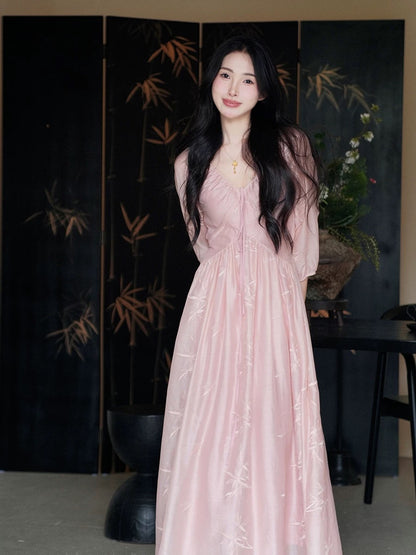 Bamboo-style new Chinese style pink v-neck embroidered dress for women summer high-end temperament waist-cinching and gentle long skirt
