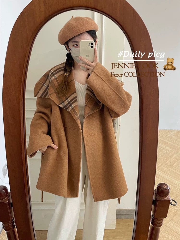 Wutong Street Retro Plaid Cape Lapel Double-sided Wool Velvet Coat Woolen Coat Women's New High-end K700