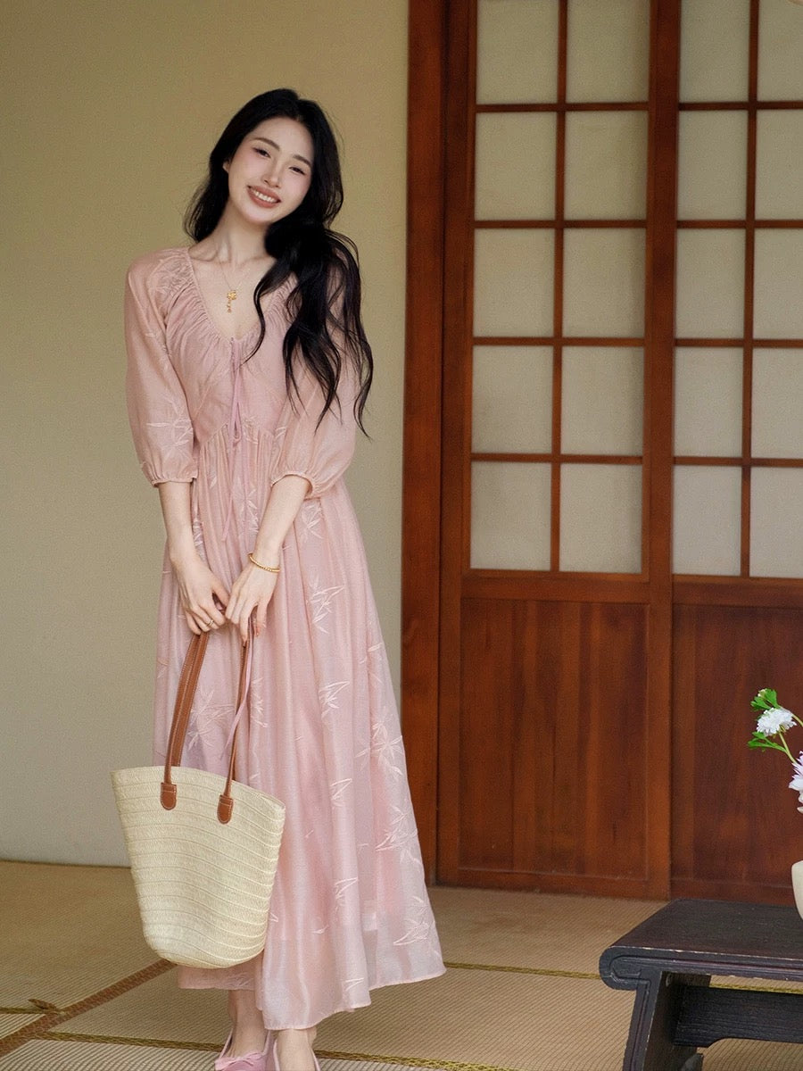 Bamboo-style new Chinese style pink v-neck embroidered dress for women summer high-end temperament waist-cinching and gentle long skirt