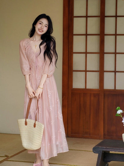 Bamboo-style new Chinese style pink v-neck embroidered dress for women summer high-end temperament waist-cinching and gentle long skirt