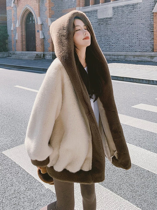 Imitation mink hooded coat for women 2024 winter new style loose lazy style plus velvet thickened imitation fur plush coat
