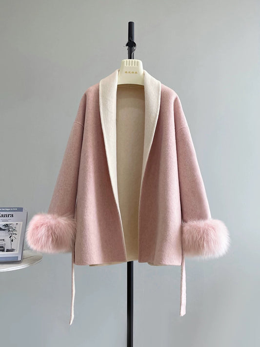 Sakurajima Overture fox fur sleeve double-faced wool velvet coat women's mid-length Korean style loose woolen coat women K591