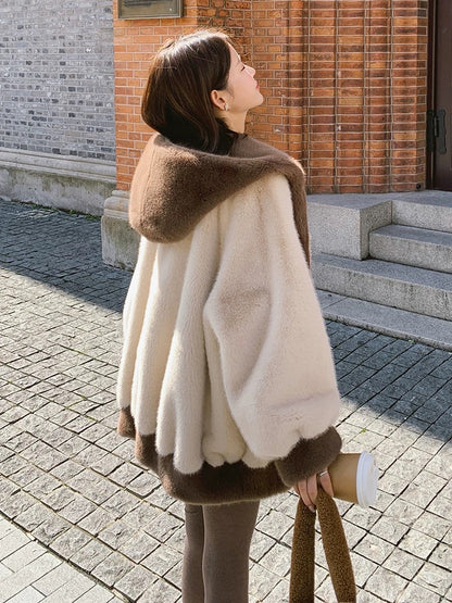 Imitation mink hooded coat for women 2024 winter new style loose lazy style plus velvet thickened imitation fur plush coat