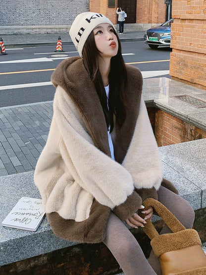 Imitation mink hooded coat for women 2024 winter new style loose lazy style plus velvet thickened imitation fur plush coat
