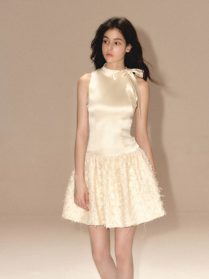 RECIT Original Design Satin Bow Tie Vest Dress Women's Winter Style Sleeveless A-line Skirt