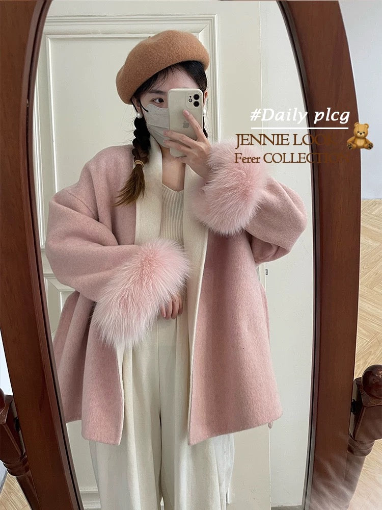 Sakurajima Overture fox fur sleeve double-faced wool velvet coat women's mid-length Korean style loose woolen coat women K591