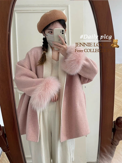 Sakurajima Overture fox fur sleeve double-faced wool velvet coat women's mid-length Korean style loose woolen coat women K591