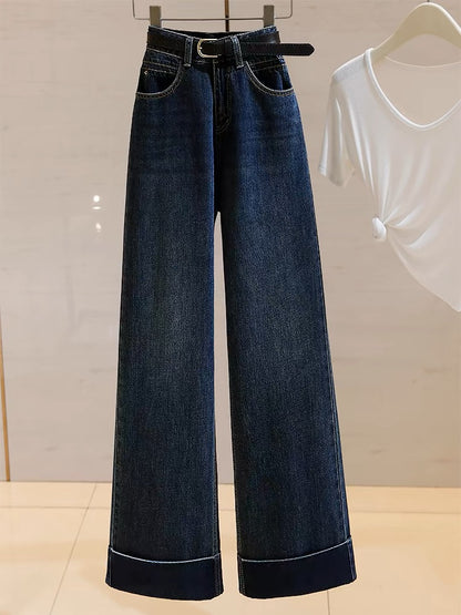 High-waisted wide-leg jeans for women 2024 autumn new style retro versatile loose slimming lazy relaxed straight pants