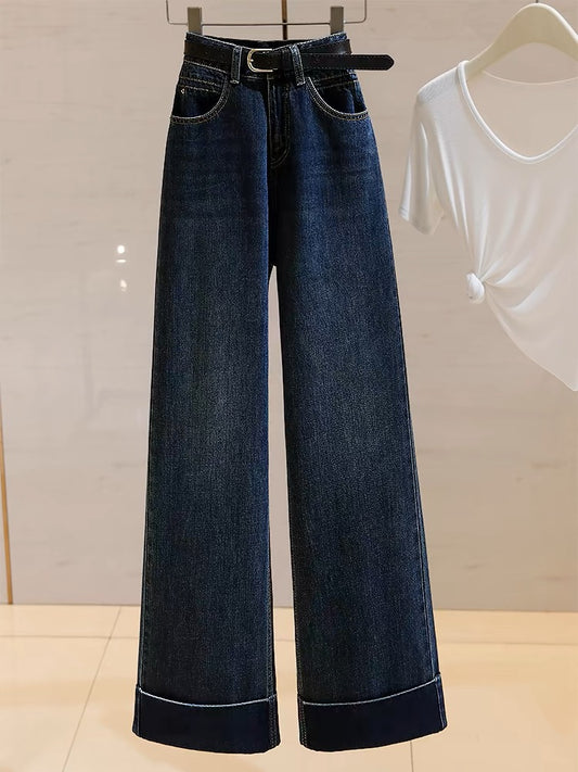 High-waisted wide-leg jeans for women 2024 autumn new style retro versatile loose slimming lazy relaxed straight pants