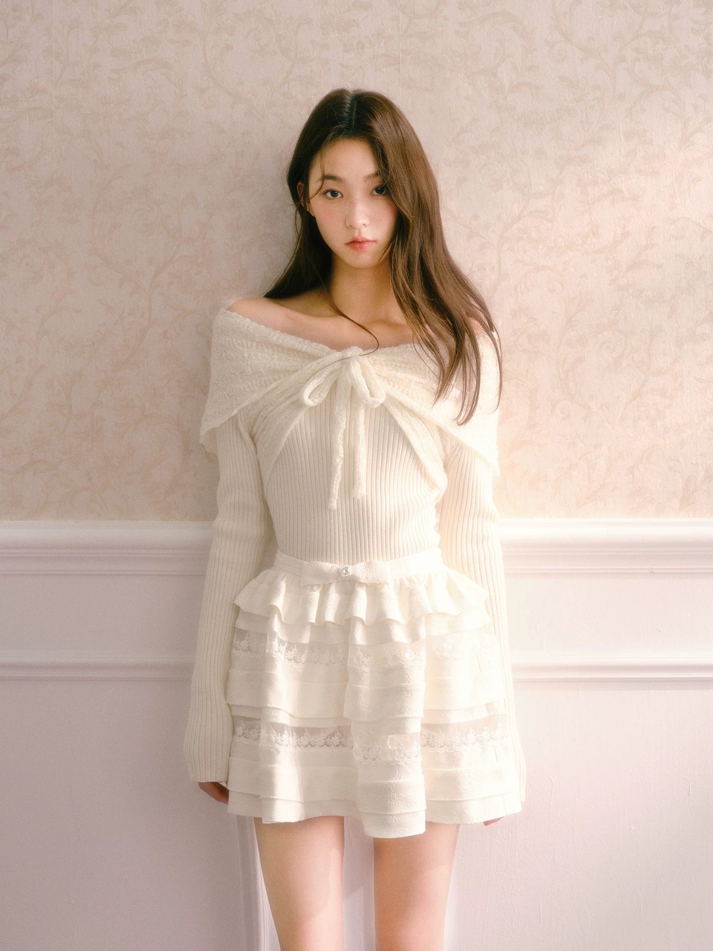 RECIT White Textured Rose Jacquard Heavy Lace Patchwork Multi-Layer Puffy Cake Skirt