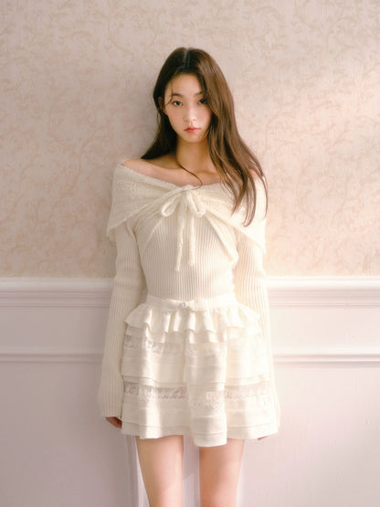 RECIT White Textured Rose Jacquard Heavy Lace Patchwork Multi-Layer Puffy Cake Skirt