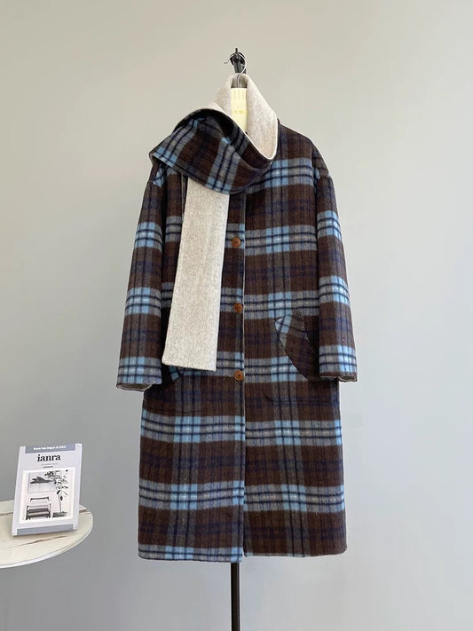 Saturn coat Korean plaid double-faced wool velvet coat women's scarf mid-length loose young autumn and winter K312