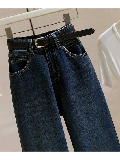 High-waisted wide-leg jeans for women 2024 autumn new style retro versatile loose slimming lazy relaxed straight pants
