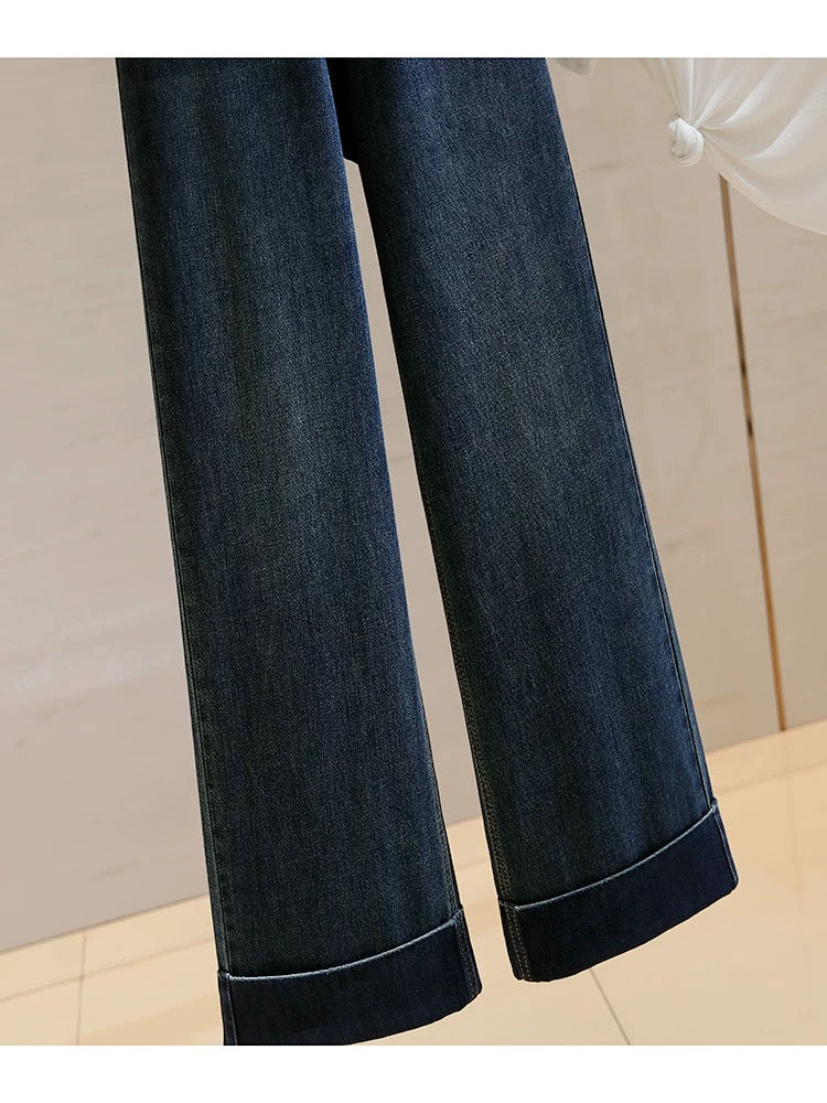 High-waisted wide-leg jeans for women 2024 autumn new style retro versatile loose slimming lazy relaxed straight pants