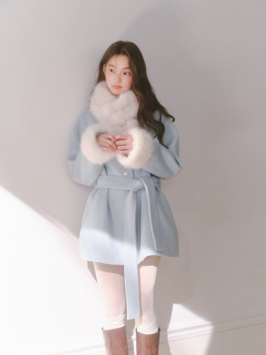 RECIT Iceland Blue Detachable Fur Collar Women's Winter Belted Mid-Length Wool Coat