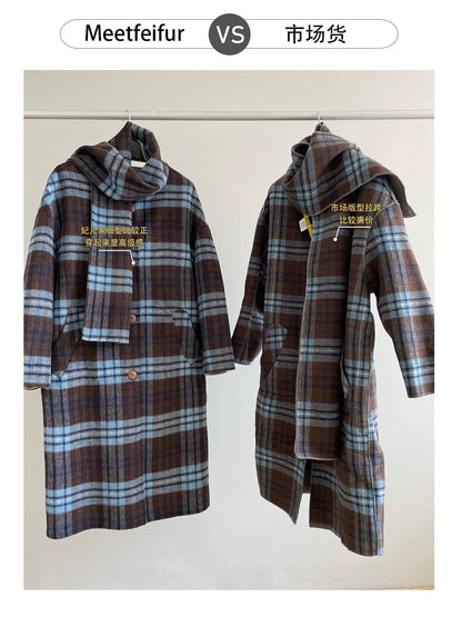 Saturn coat Korean plaid double-faced wool velvet coat women's scarf mid-length loose young autumn and winter K312