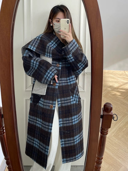 Saturn coat Korean plaid double-faced wool velvet coat women's scarf mid-length loose young autumn and winter K312