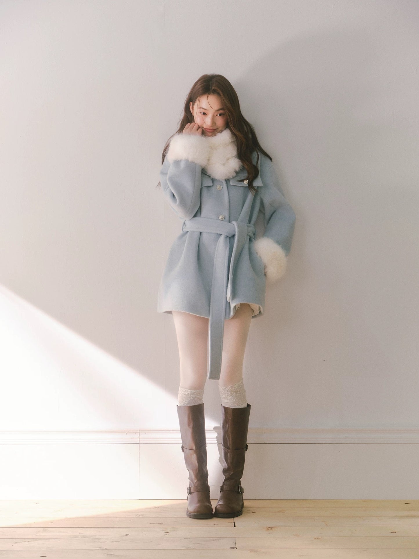 RECIT Iceland Blue Detachable Fur Collar Women's Winter Belted Mid-Length Wool Coat