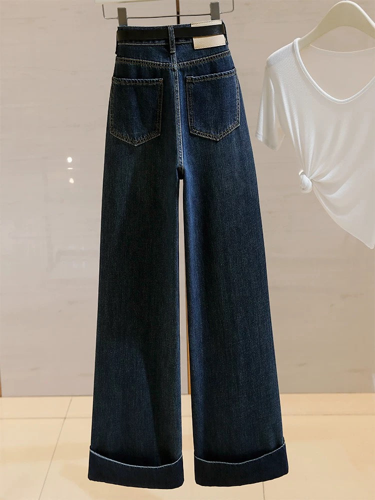 High-waisted wide-leg jeans for women 2024 autumn new style retro versatile loose slimming lazy relaxed straight pants