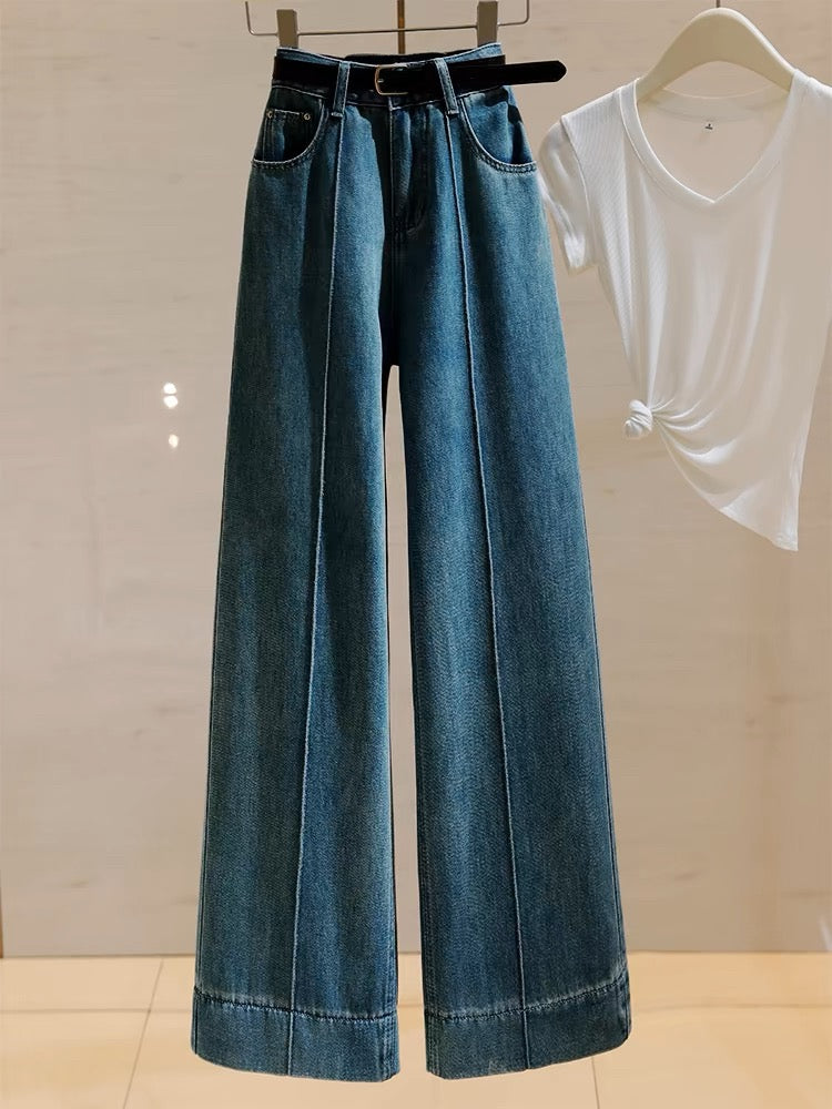High-waisted wide-leg jeans for women 2024 autumn new style retro loose straight slim slim and versatile nine-point pants for small people
