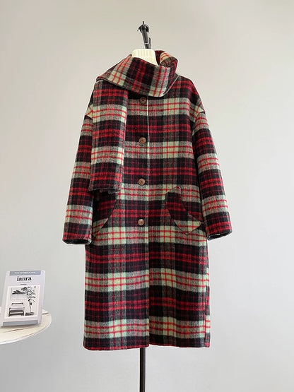 Saturn coat Korean plaid double-faced wool velvet coat women's scarf mid-length loose young autumn and winter K312