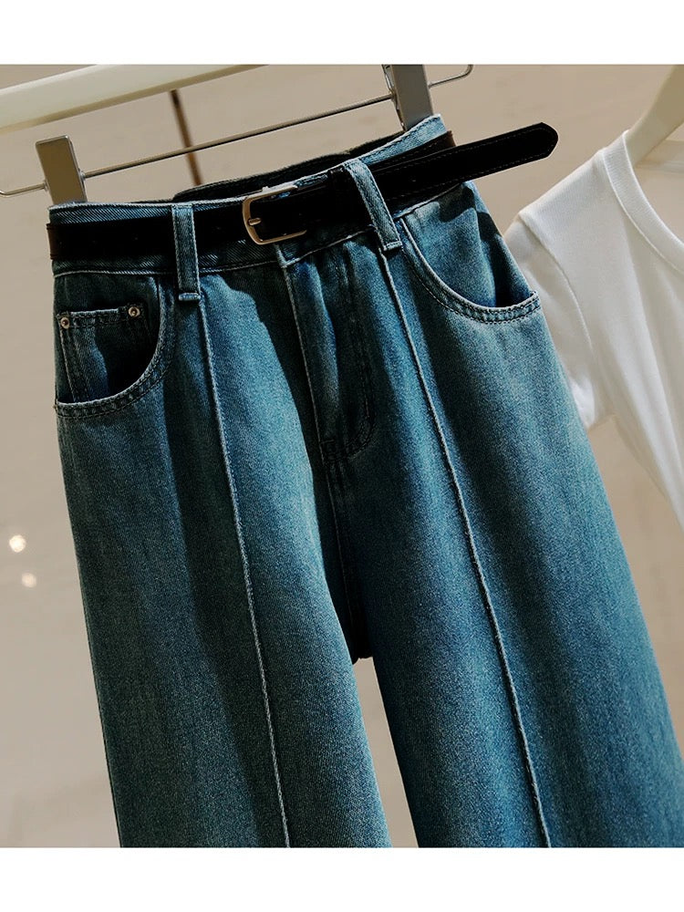 High-waisted wide-leg jeans for women 2024 autumn new style retro loose straight slim slim and versatile nine-point pants for small people
