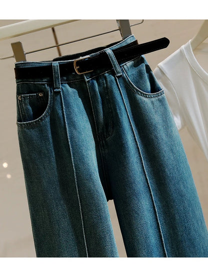 High-waisted wide-leg jeans for women 2024 autumn new style retro loose straight slim slim and versatile nine-point pants for small people