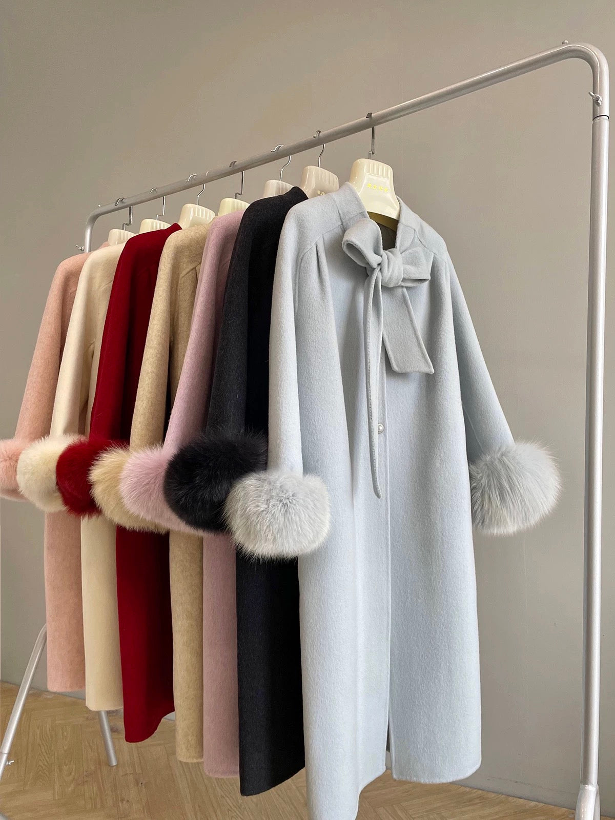 Diana fox fur collar double-sided wool velvet coat wool double-sided long bow sweet autumn and winter K653