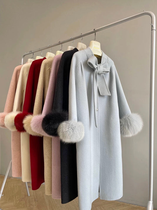 Diana fox fur collar double-sided wool velvet coat wool double-sided long bow sweet autumn and winter K653