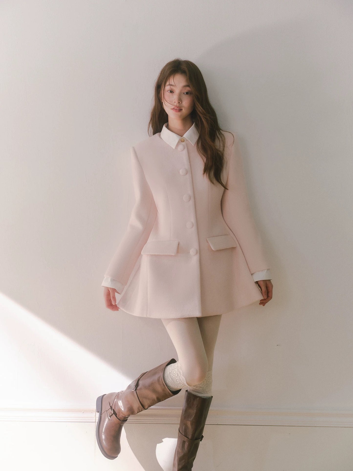 RECIT Light Pink Elegant Wool Coat for Women, Winter Style, Faux Two-Piece Shirt Collar, Mid-Length Wool Coat