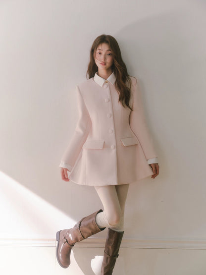 RECIT Light Pink Elegant Wool Coat for Women, Winter Style, Faux Two-Piece Shirt Collar, Mid-Length Wool Coat