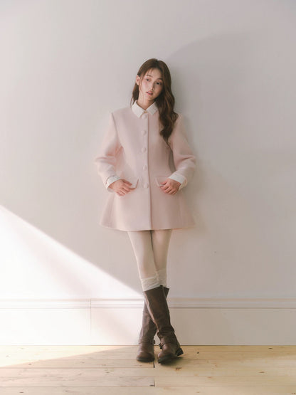 RECIT Light Pink Elegant Wool Coat for Women, Winter Style, Faux Two-Piece Shirt Collar, Mid-Length Wool Coat