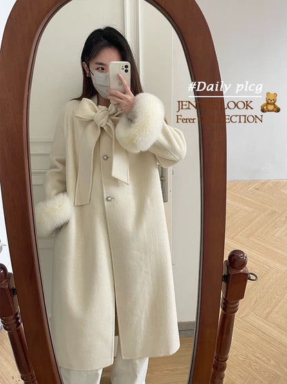 Diana fox fur collar double-sided wool velvet coat wool double-sided long bow sweet autumn and winter K653