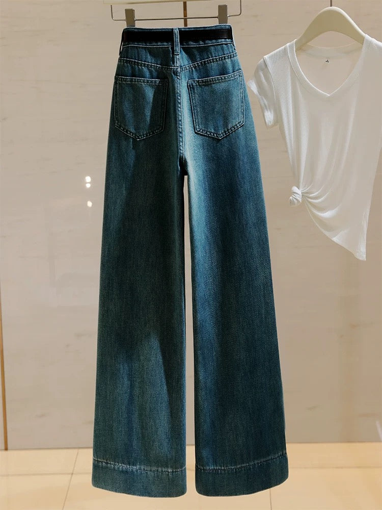High-waisted wide-leg jeans for women 2024 autumn new style retro loose straight slim slim and versatile nine-point pants for small people