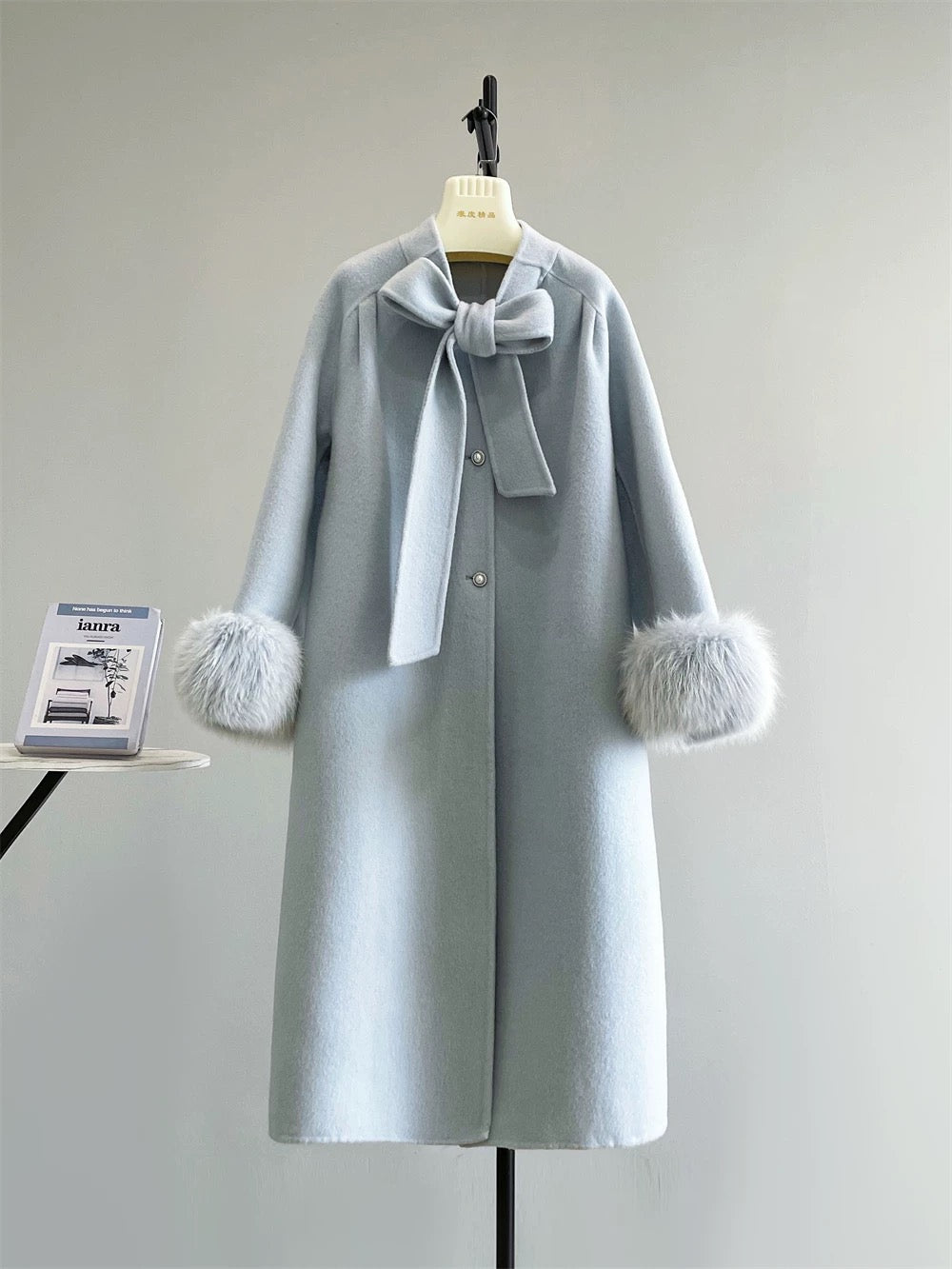 Diana fox fur collar double-sided wool velvet coat wool double-sided long bow sweet autumn and winter K653