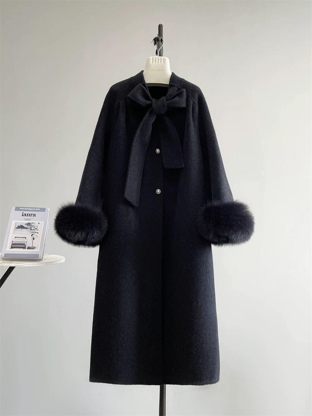 Diana fox fur collar double-sided wool velvet coat wool double-sided long bow sweet autumn and winter K653