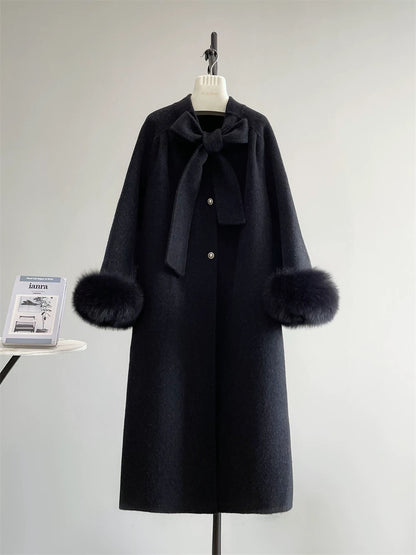 Diana fox fur collar double-sided wool velvet coat wool double-sided long bow sweet autumn and winter K653