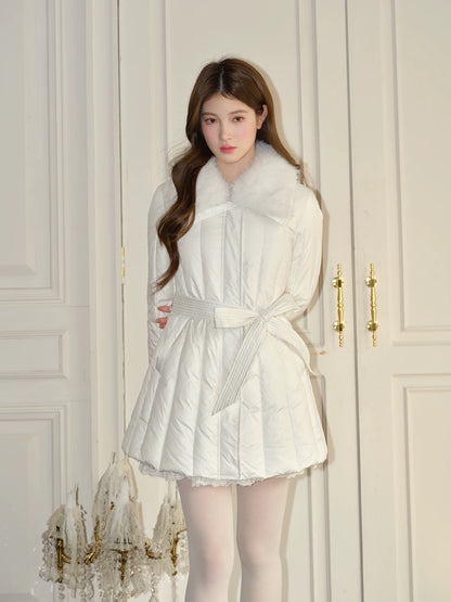 RECIT White Patchwork Fur Collar, Waist-cinching, 90% Standard White Duck Down Mid-length Down Jacket for Young Women