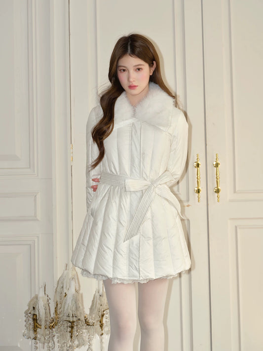 RECIT White Patchwork Fur Collar, Waist-cinching, 90% Standard White Duck Down Mid-length Down Jacket for Young Women