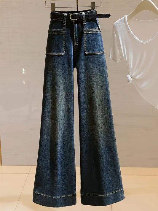 High-waisted wide-leg jeans for women 2024 autumn new style retro elastic versatile loose straight slim micro-flared pants