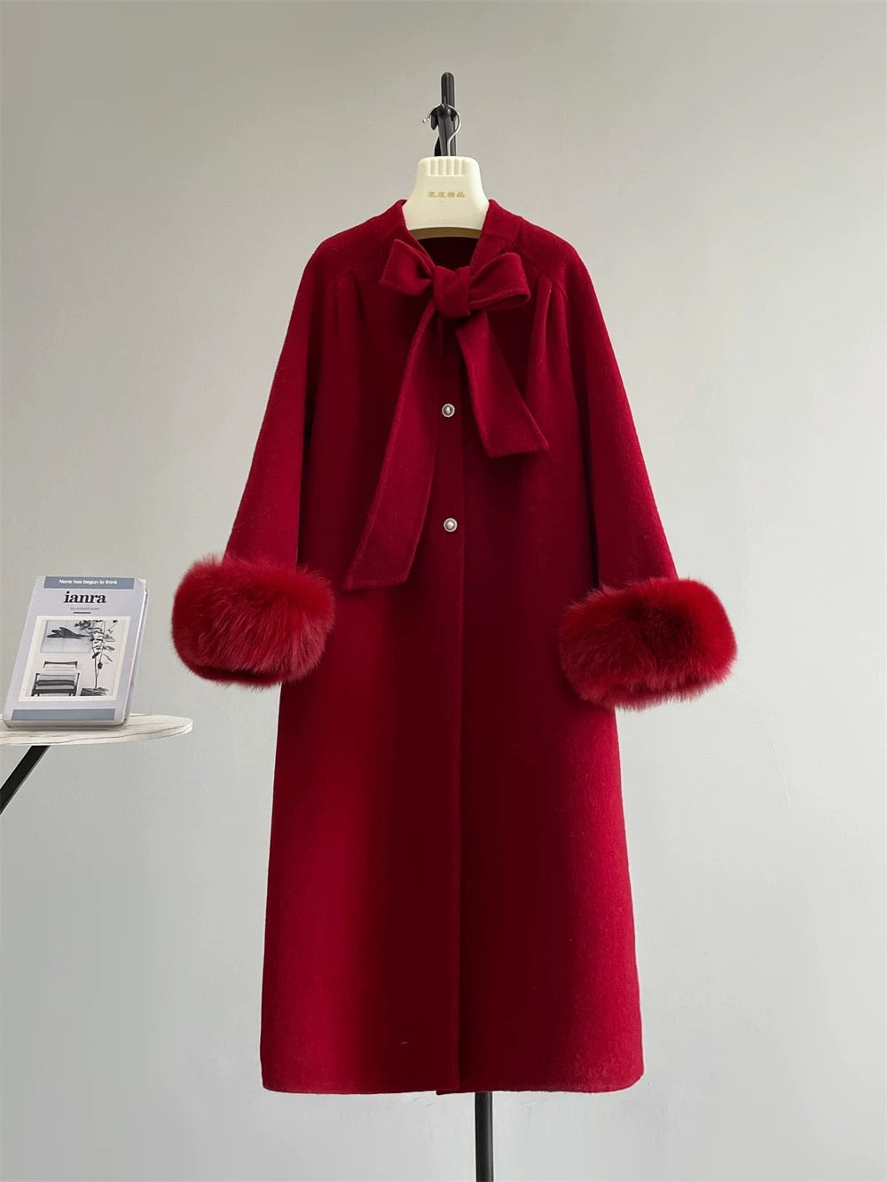 Diana fox fur collar double-sided wool velvet coat wool double-sided long bow sweet autumn and winter K653