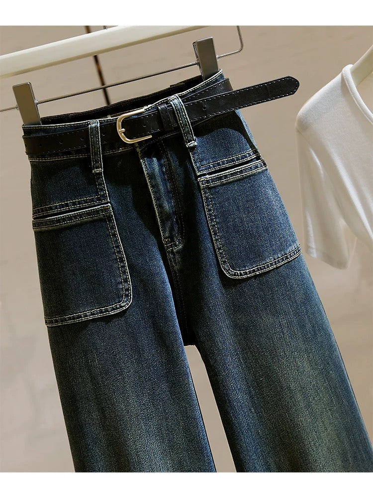 High-waisted wide-leg jeans for women 2024 autumn new style retro elastic versatile loose straight slim micro-flared pants
