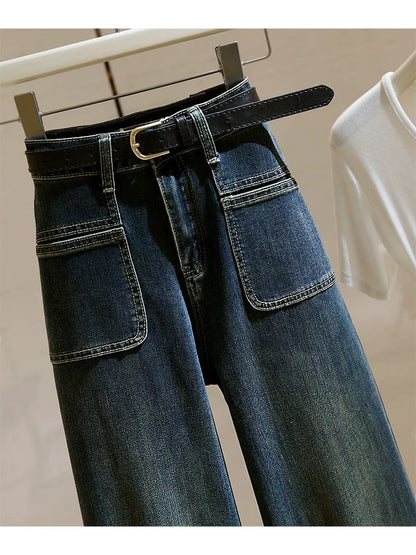 High-waisted wide-leg jeans for women 2024 autumn new style retro elastic versatile loose straight slim micro-flared pants