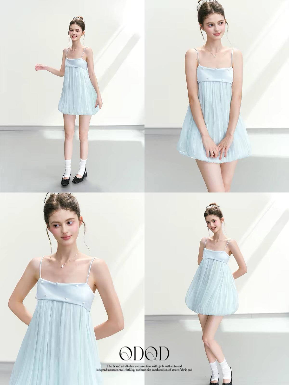 QDQD Sweet & Girly Blue Camisole Dress – Summer Loose-Fit, Drapey, Vacation-Style Tulip-Hem Dress