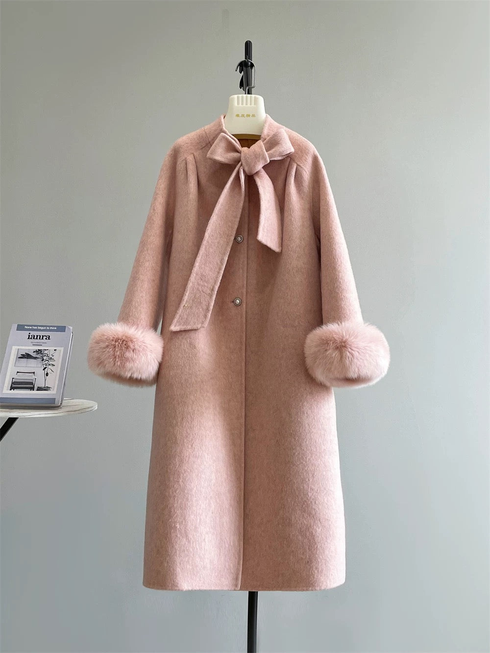 Diana fox fur collar double-sided wool velvet coat wool double-sided long bow sweet autumn and winter K653