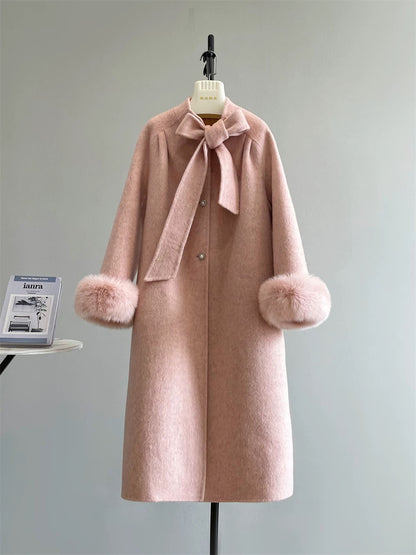 Diana fox fur collar double-sided wool velvet coat wool double-sided long bow sweet autumn and winter K653