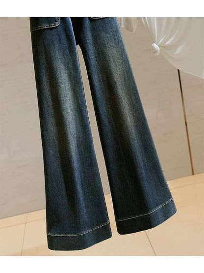 High-waisted wide-leg jeans for women 2024 autumn new style retro elastic versatile loose straight slim micro-flared pants