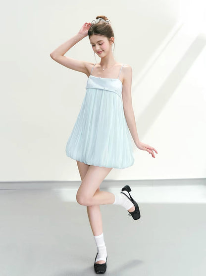 QDQD Sweet & Girly Blue Camisole Dress – Summer Loose-Fit, Drapey, Vacation-Style Tulip-Hem Dress